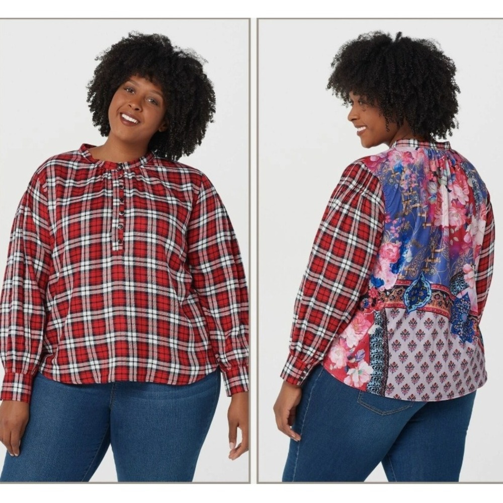 Tolani Collection Red Plaid Floral Patchwork Printed Boho‎ Blouse Top Women's 2X